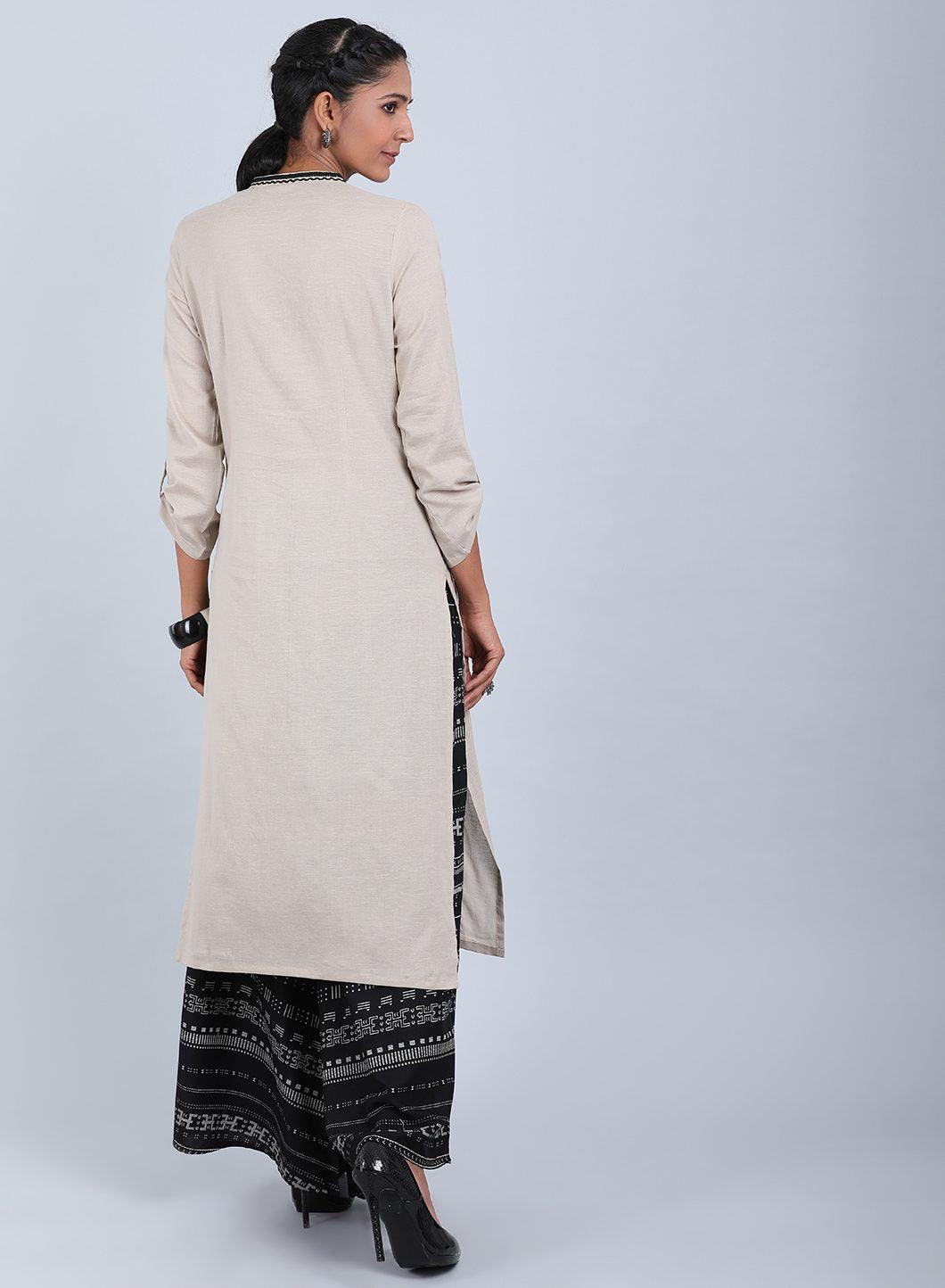 Beige Mandarin Neck Bhartiya Harit Khadi kurta - wforwoman