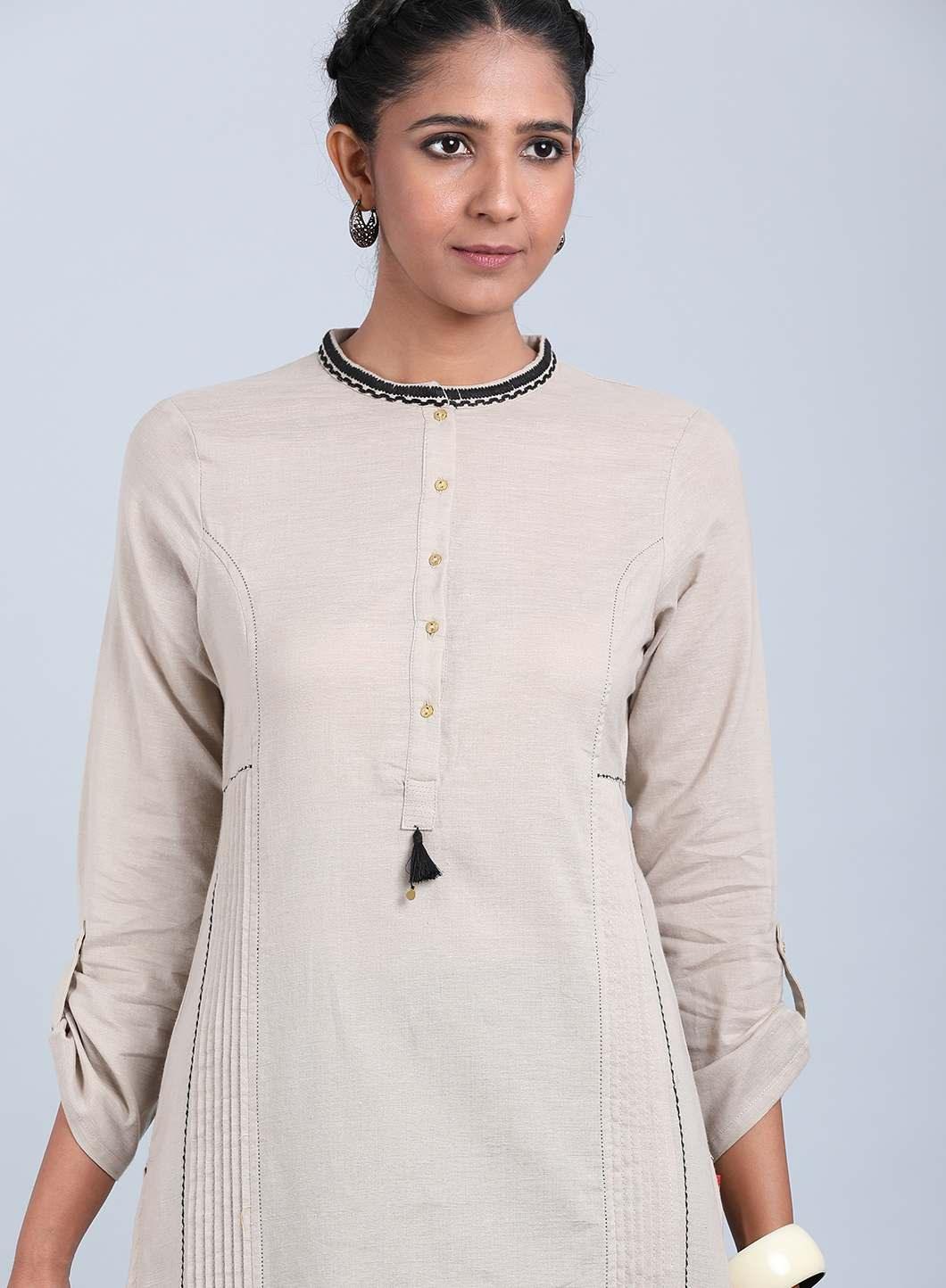 Beige Mandarin Neck Bhartiya Harit Khadi kurta - wforwoman