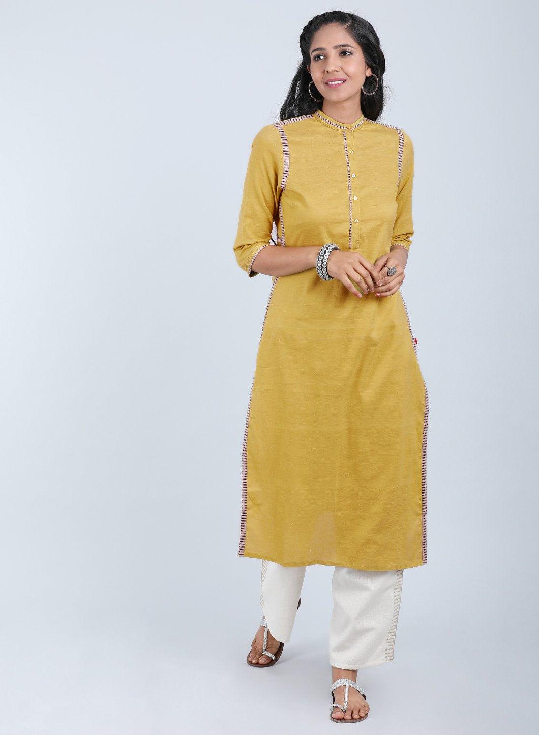 Mustard Mandarin Neck Bhartiya Harit Khadi kurta - wforwoman