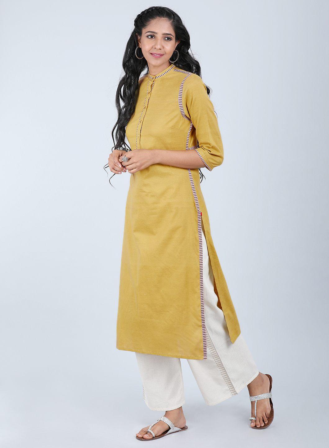 Mustard Mandarin Neck Bhartiya Harit Khadi kurta - wforwoman