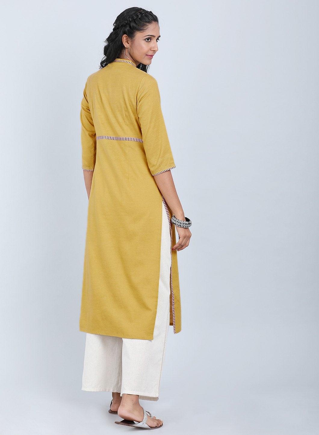 Mustard Mandarin Neck Bhartiya Harit Khadi kurta - wforwoman