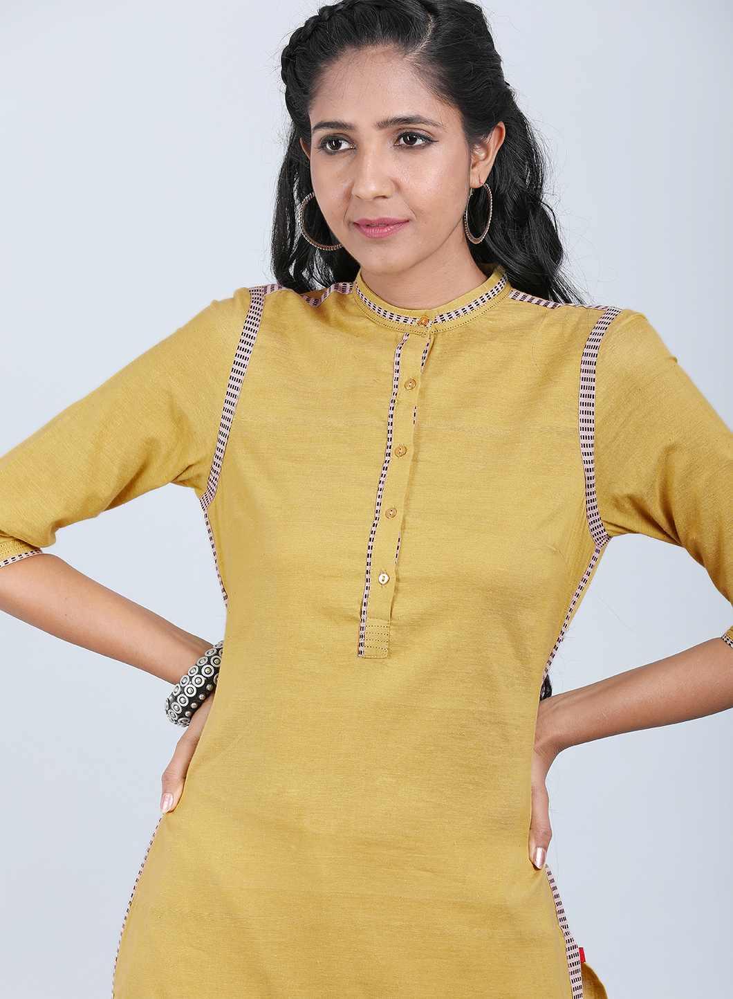 Mustard Mandarin Neck Bhartiya Harit Khadi kurta - wforwoman