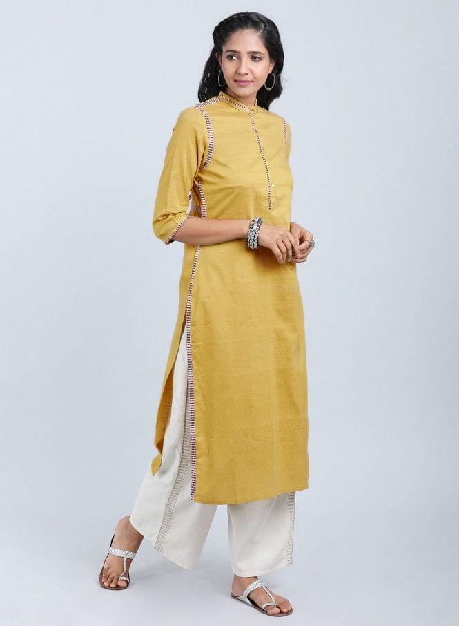 Mustard Mandarin Neck Bhartiya Harit Khadi kurta - wforwoman