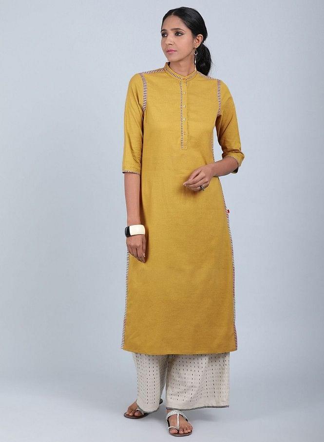 Mustard Mandarin Neck Bhartiya Harit Khadi kurta - wforwoman