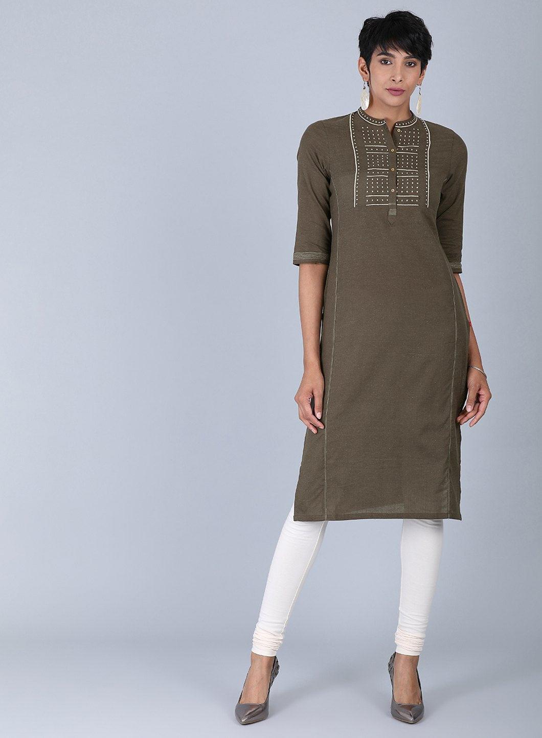 Grey Mandarin Neck Bhartiya Harit Khadi kurta - wforwoman