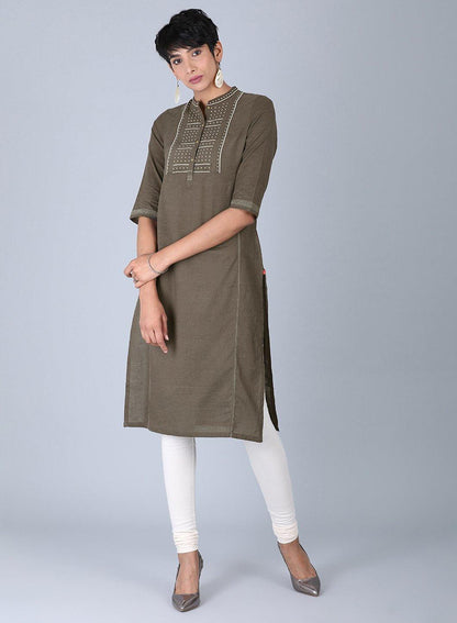 Grey Mandarin Neck Bhartiya Harit Khadi kurta - wforwoman