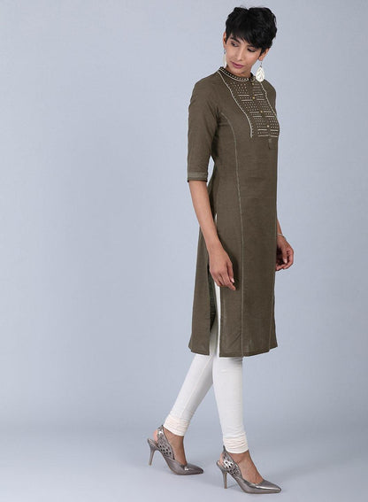 Grey Mandarin Neck Bhartiya Harit Khadi kurta - wforwoman