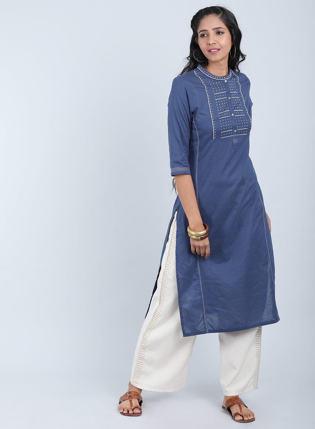 Blue Mandarin Neck Bhartiya Harit Khadi kurta - wforwoman