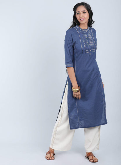 Blue Mandarin Neck Bhartiya Harit Khadi kurta - wforwoman