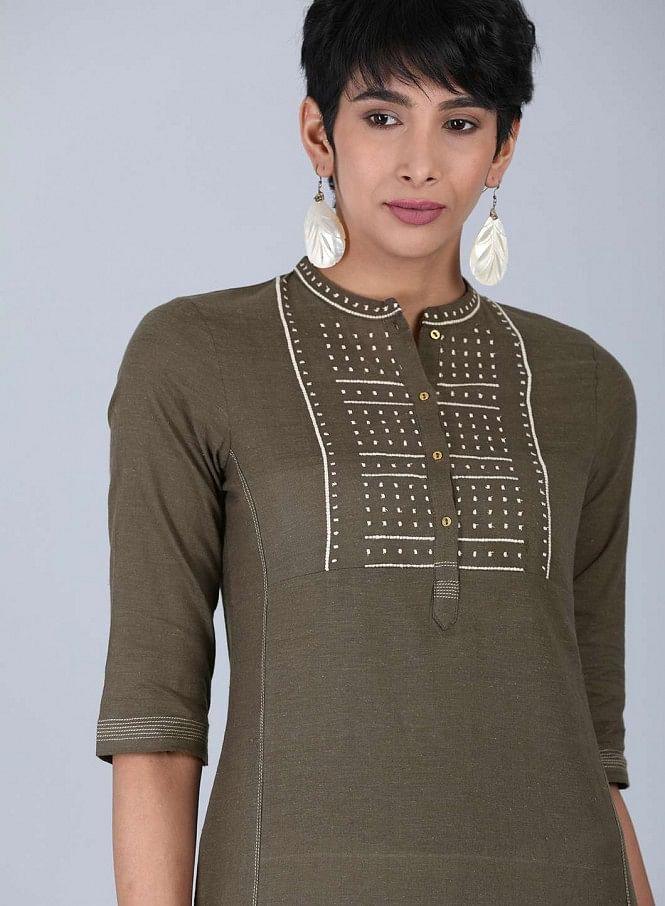 Grey Mandarin Neck Bhartiya Harit Khadi kurta - wforwoman