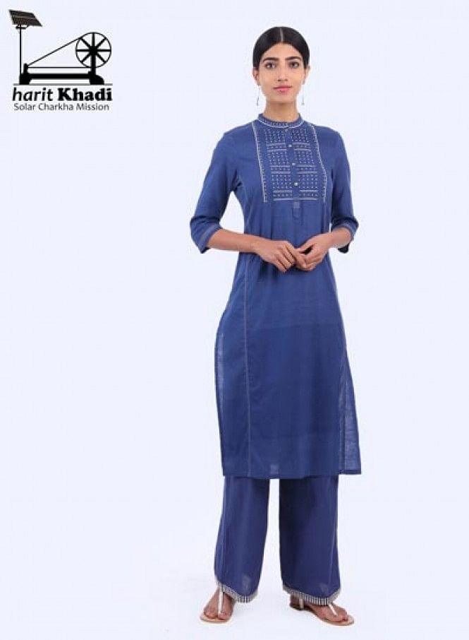 Blue Mandarin Neck Bhartiya Harit Khadi kurta - wforwoman