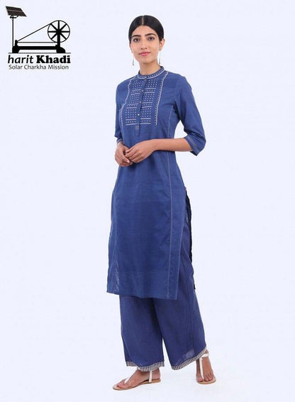 Blue Mandarin Neck Bhartiya Harit Khadi kurta - wforwoman