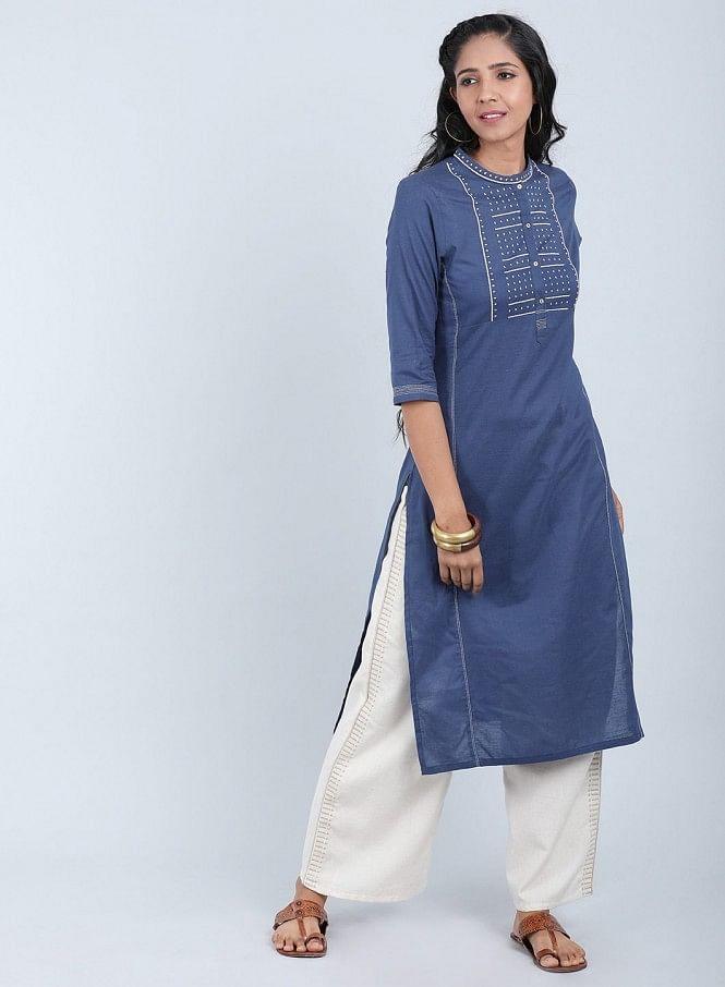 Blue Mandarin Neck Bhartiya Harit Khadi kurta - wforwoman