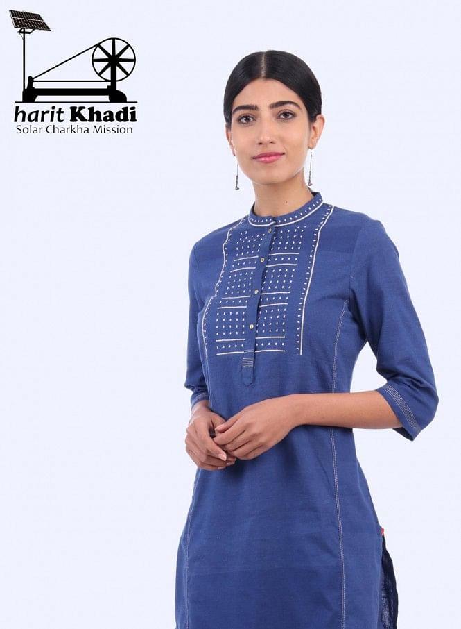 Blue Mandarin Neck Bhartiya Harit Khadi kurta - wforwoman