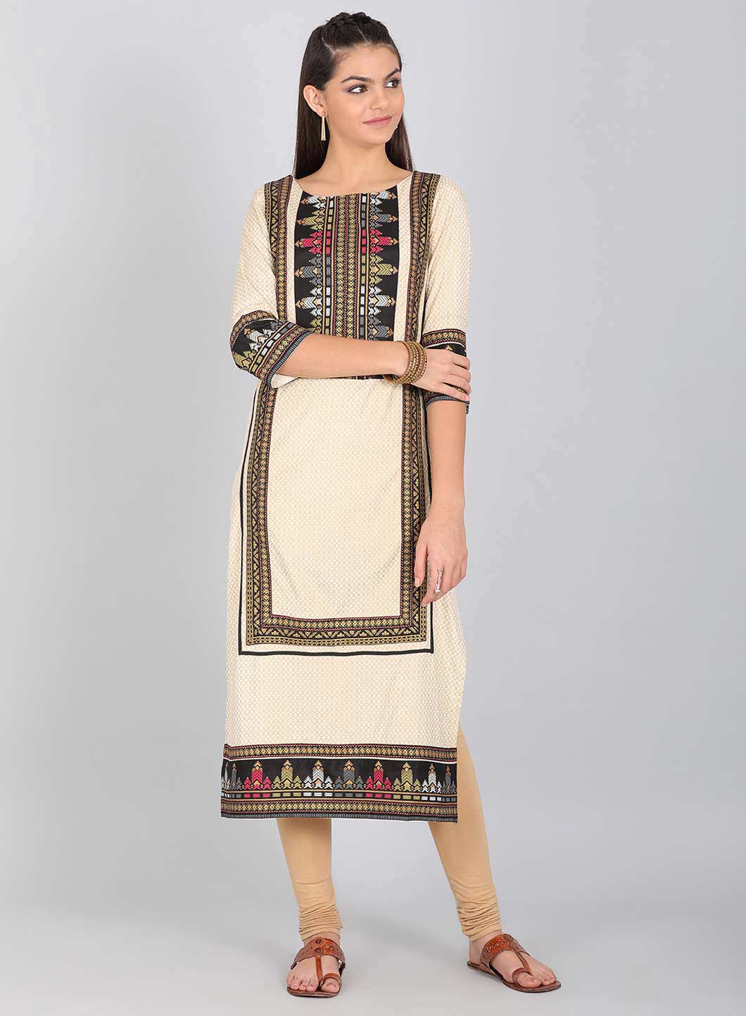 Beige Round Neck Printed kurta