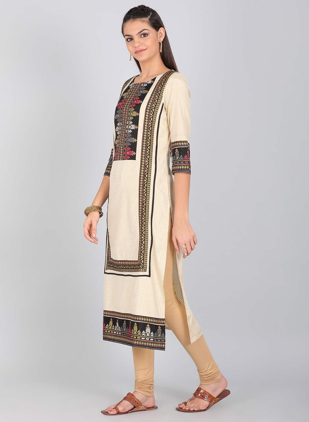 Beige Round Neck Printed kurta