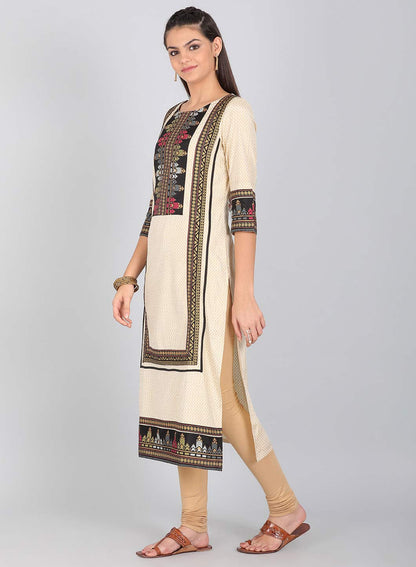 Beige Round Neck Printed kurta