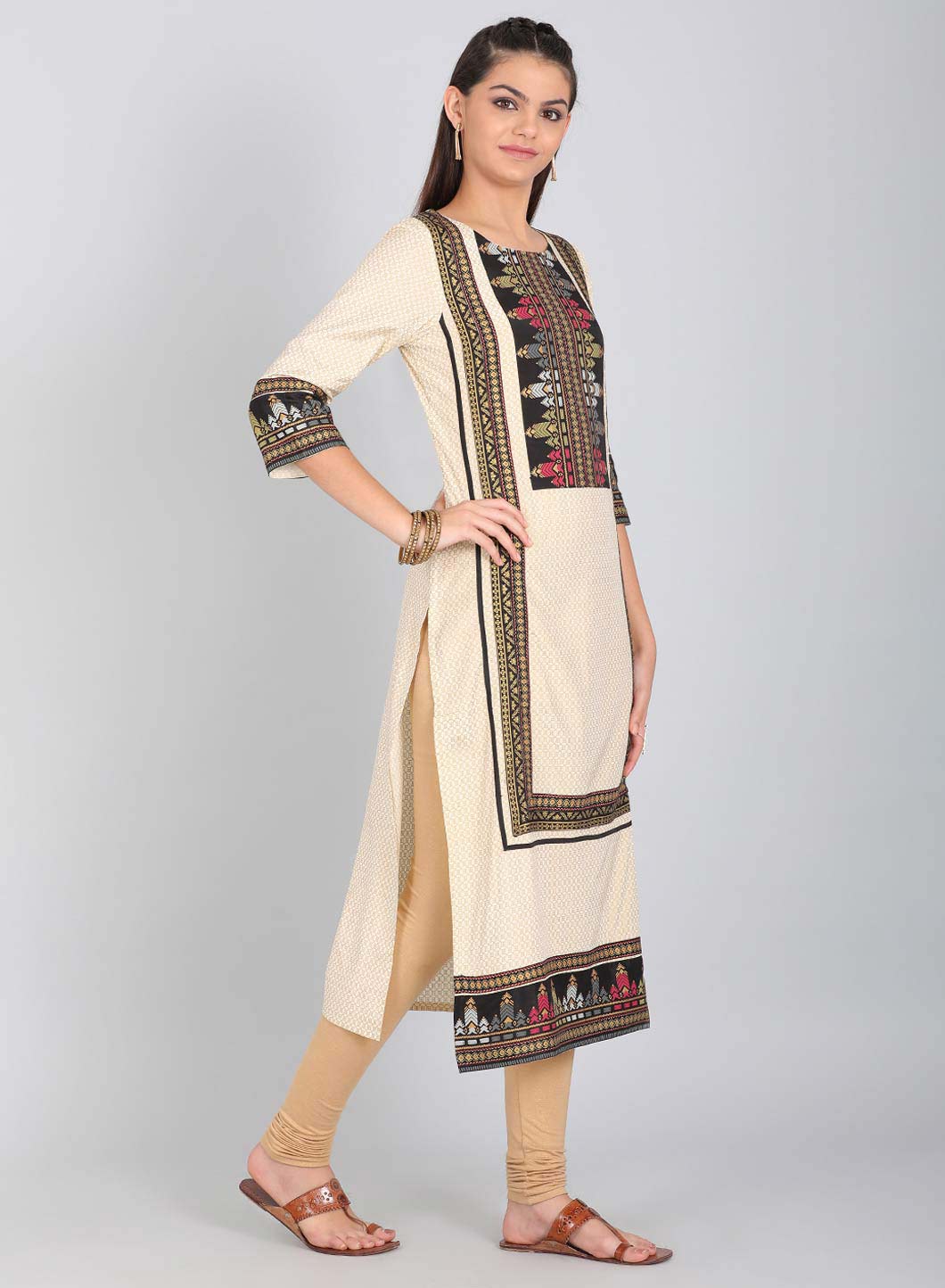 Beige Round Neck Printed kurta