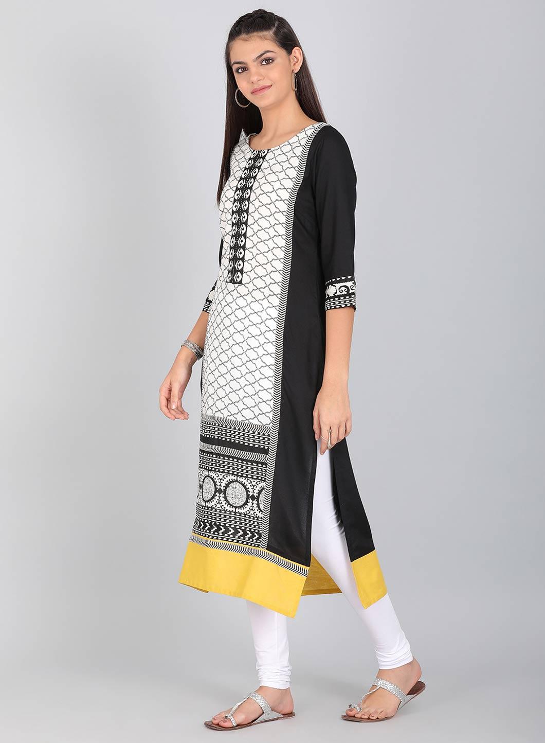 Black &amp; White Round Neck Printed kurta - wforwoman