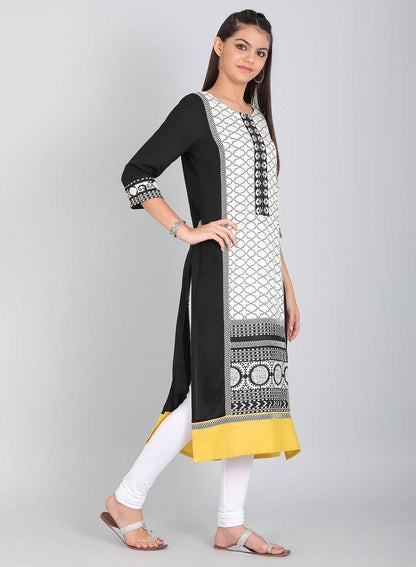 Black &amp; White Round Neck Printed kurta - wforwoman