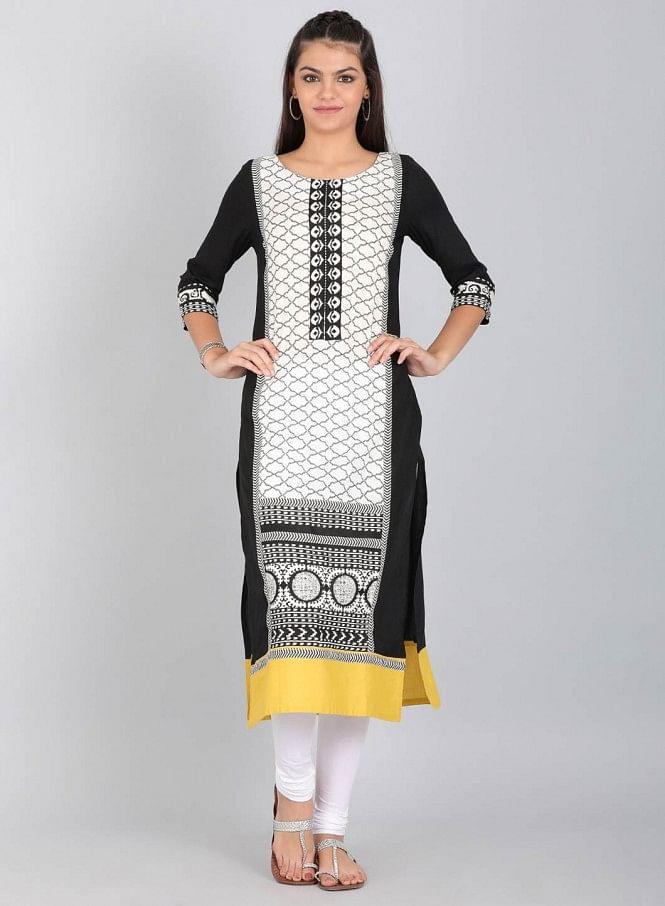 Black &amp; White Round Neck Printed kurta - wforwoman