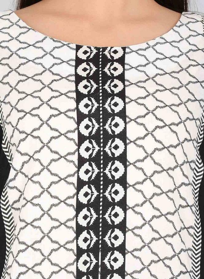 Black &amp; White Round Neck Printed kurta - wforwoman