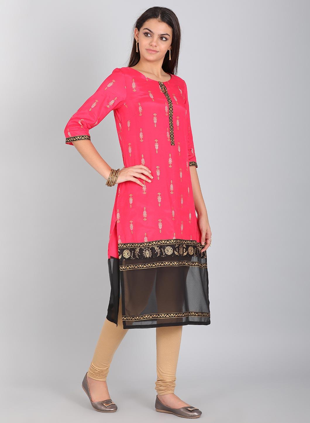 Pink Round Neck Printed kurta With Gillet - wforwoman