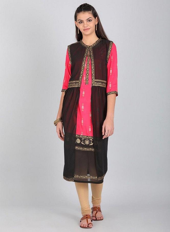 Pink Round Neck Printed kurta With Gillet - wforwoman