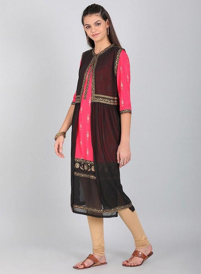 Pink Round Neck Printed kurta With Gillet - wforwoman