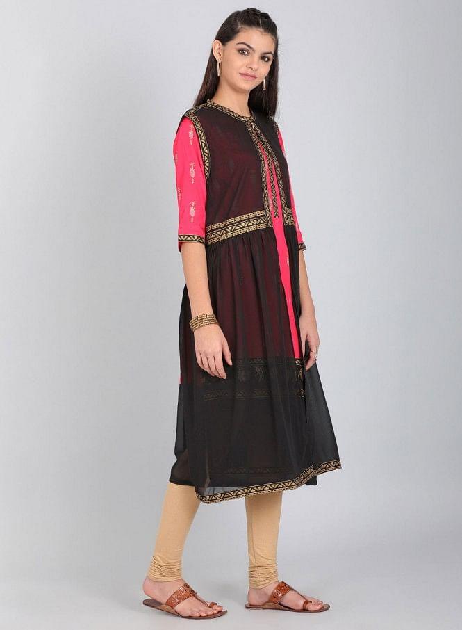 Pink Round Neck Printed kurta With Gillet - wforwoman