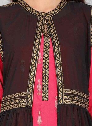 Pink Round Neck Printed kurta With Gillet - wforwoman