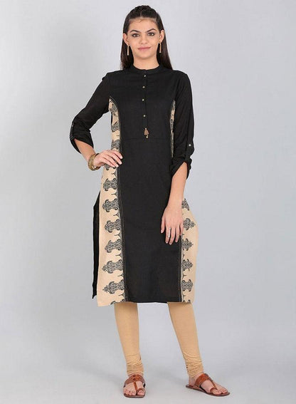 Black Mandarin Neck Solid kurta - wforwoman