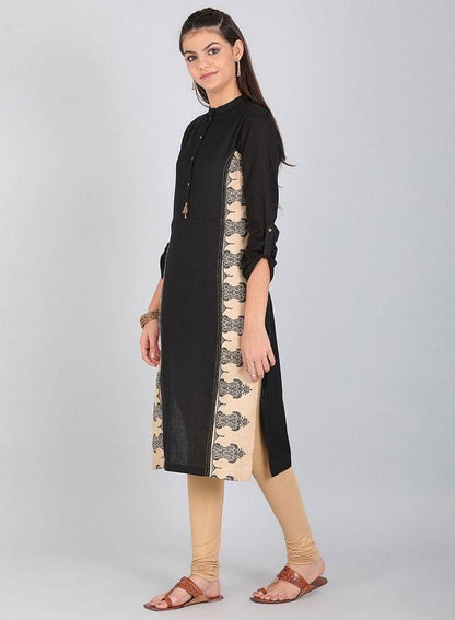 Black Mandarin Neck Solid kurta - wforwoman