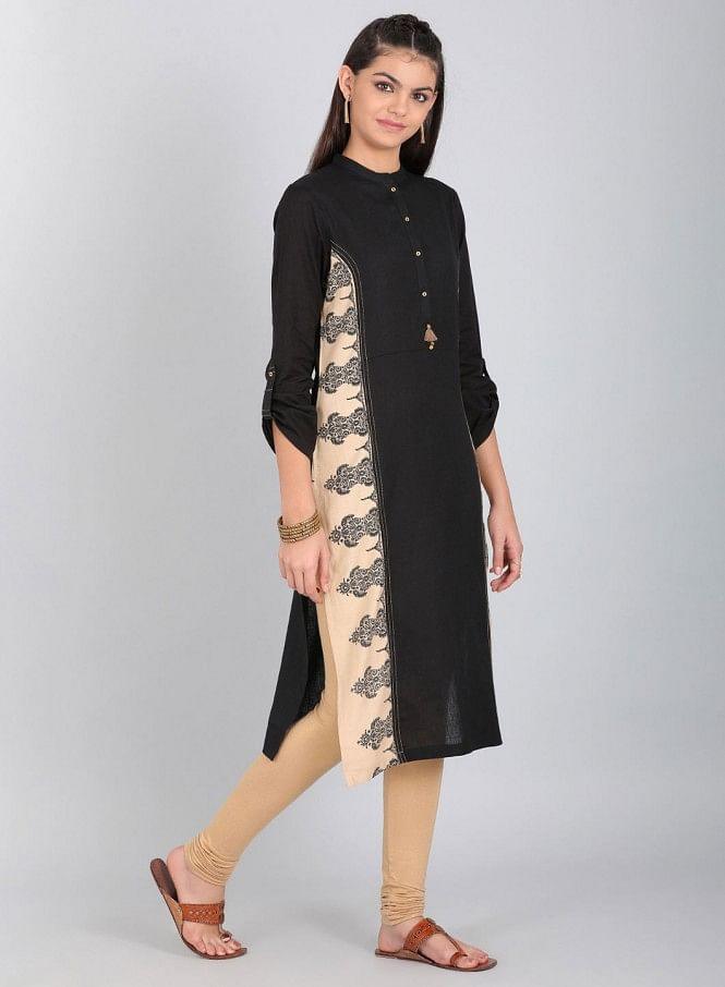 Black Mandarin Neck Solid kurta - wforwoman