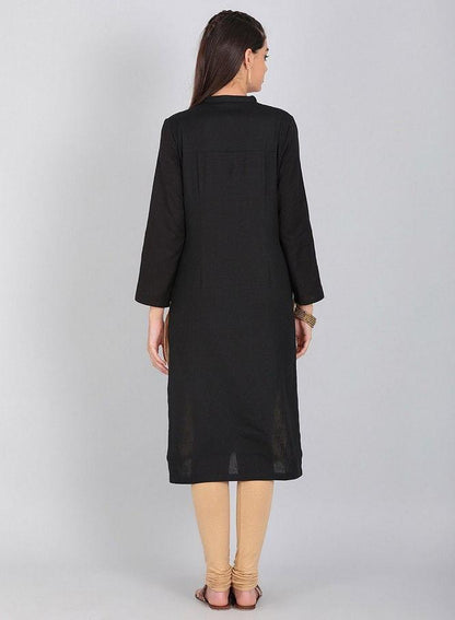 Black Mandarin Neck Solid kurta - wforwoman