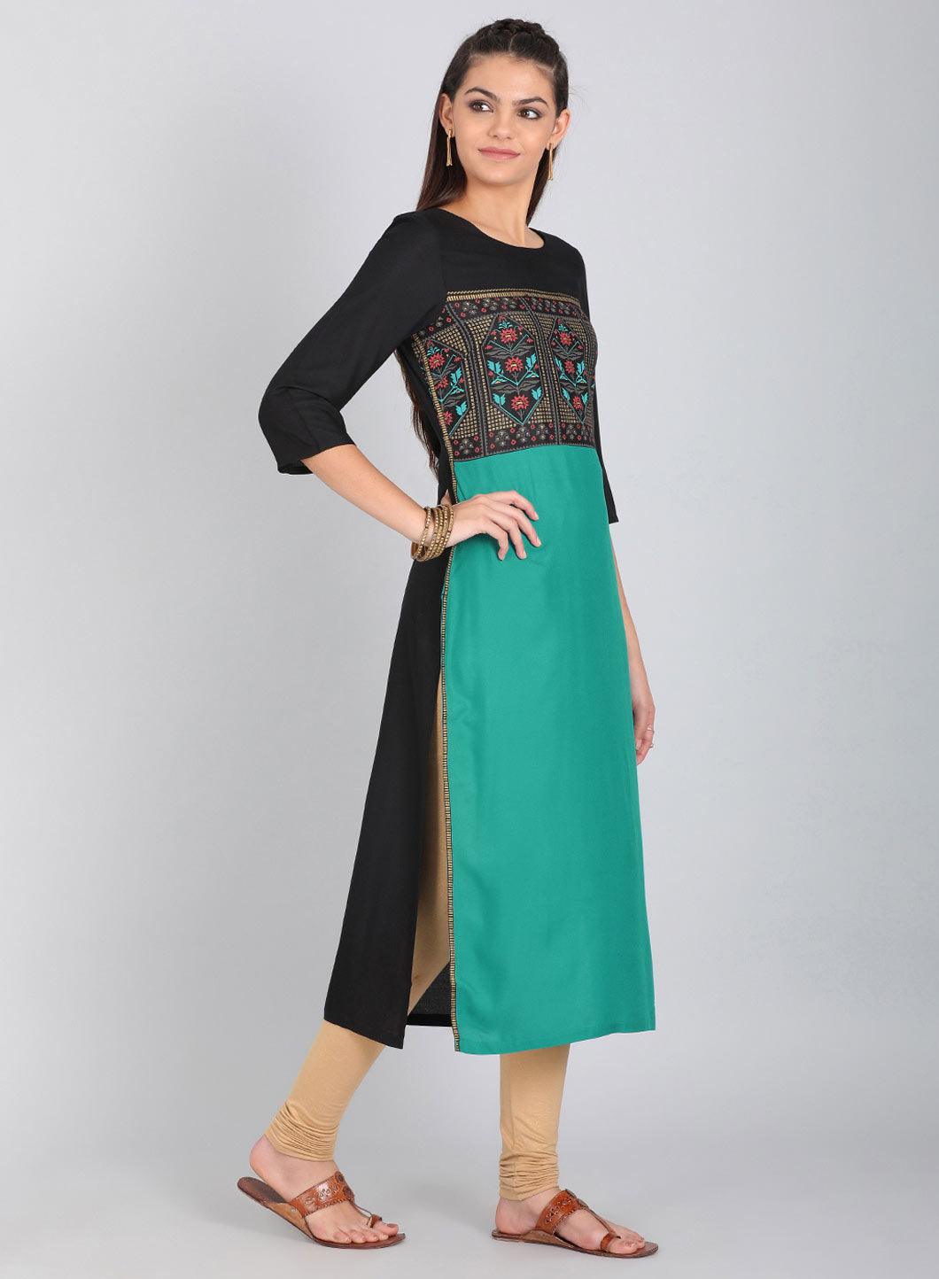 Green &amp; Black Printed Round Neck kurta - wforwoman