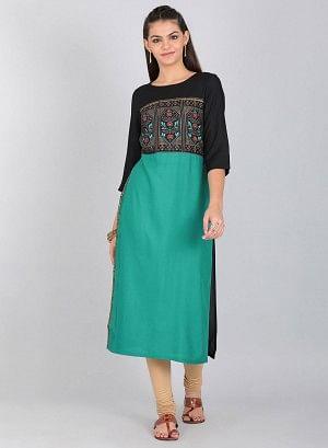 Green &amp; Black Printed Round Neck kurta - wforwoman