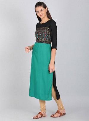 Green &amp; Black Printed Round Neck kurta - wforwoman