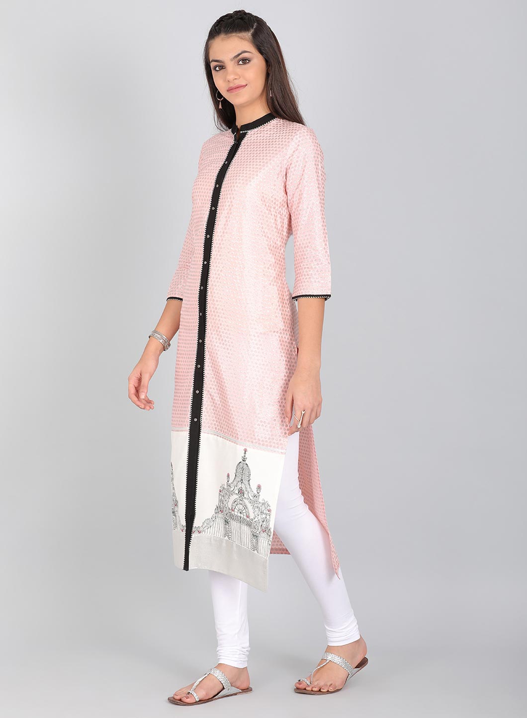 Pink Mandarin Neck Printed kurta