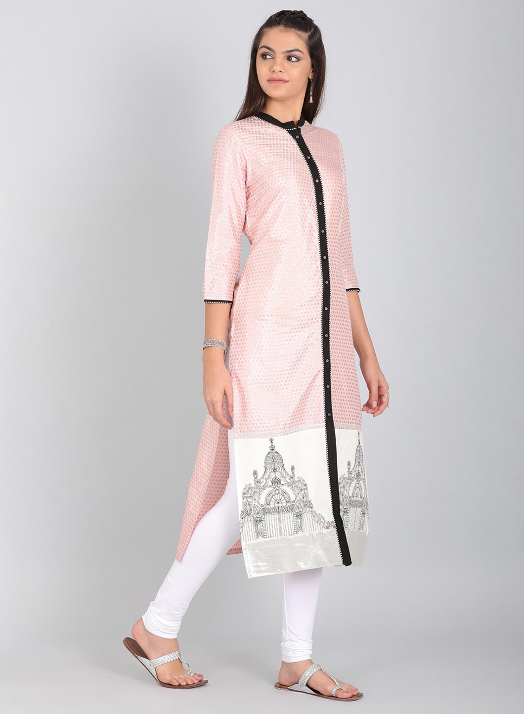 Pink Mandarin Neck Printed kurta