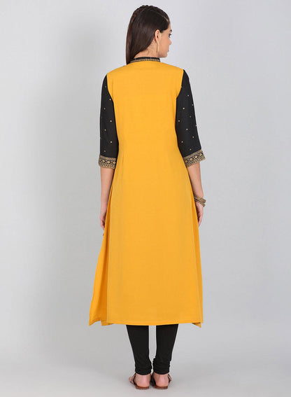 Yellow &amp; Black Mandarin Neck Printed kurta - wforwoman