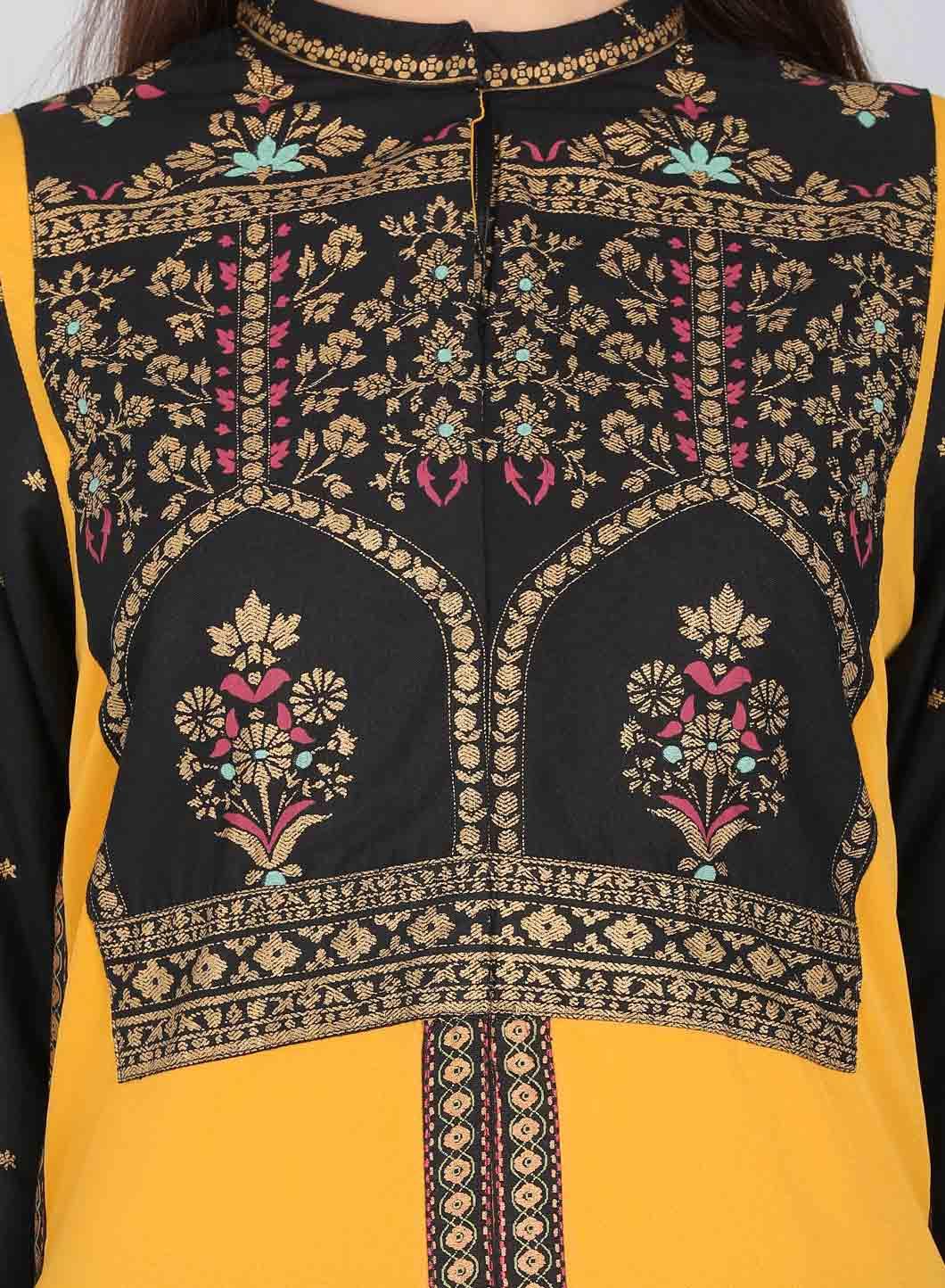 Yellow &amp; Black Mandarin Neck Printed kurta - wforwoman