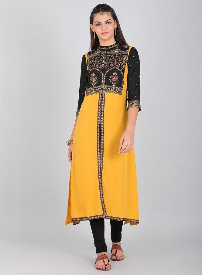 Yellow &amp; Black Mandarin Neck Printed kurta - wforwoman