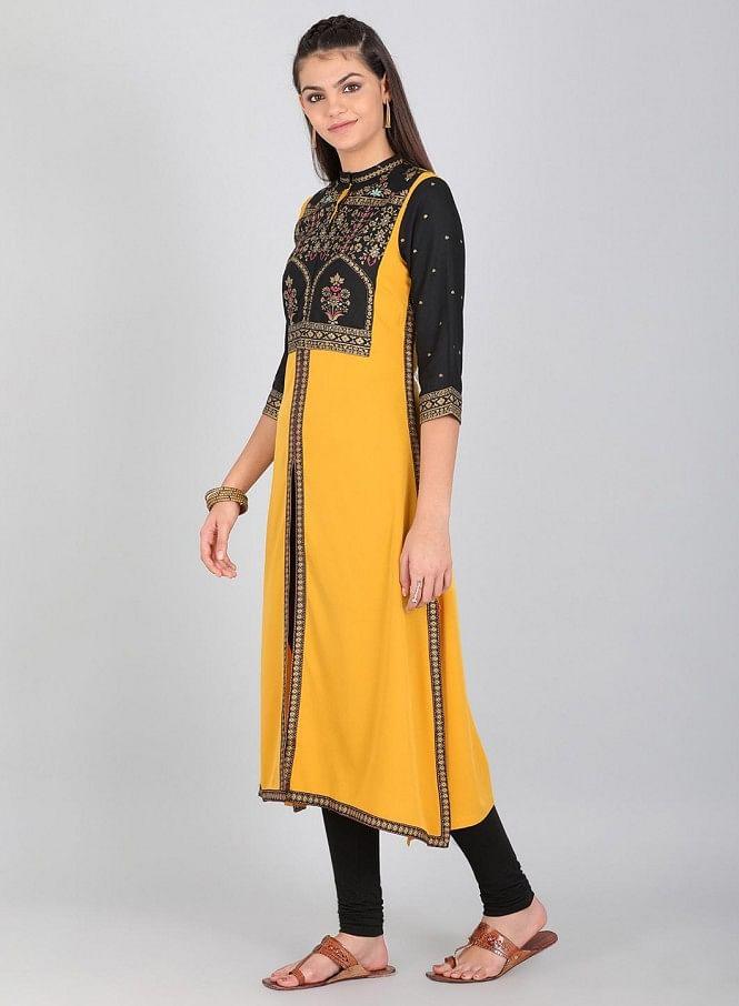 Yellow &amp; Black Mandarin Neck Printed kurta - wforwoman