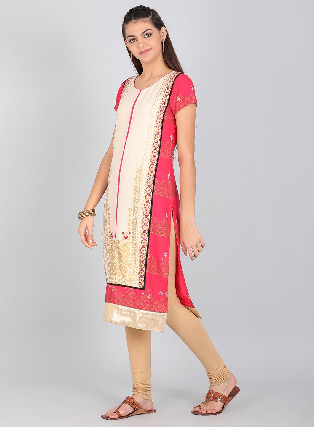 Beige &amp; Pink Round Neck kurta - wforwoman