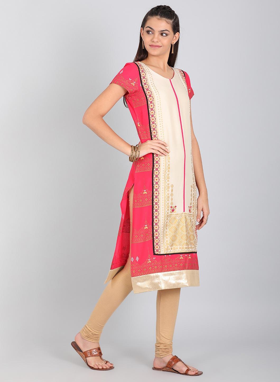 Beige &amp; Pink Round Neck kurta - wforwoman