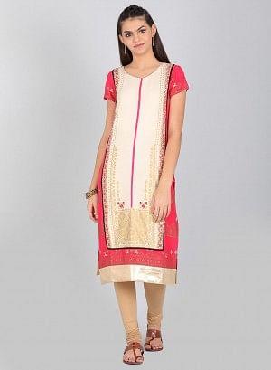 Beige &amp; Pink Round Neck kurta - wforwoman