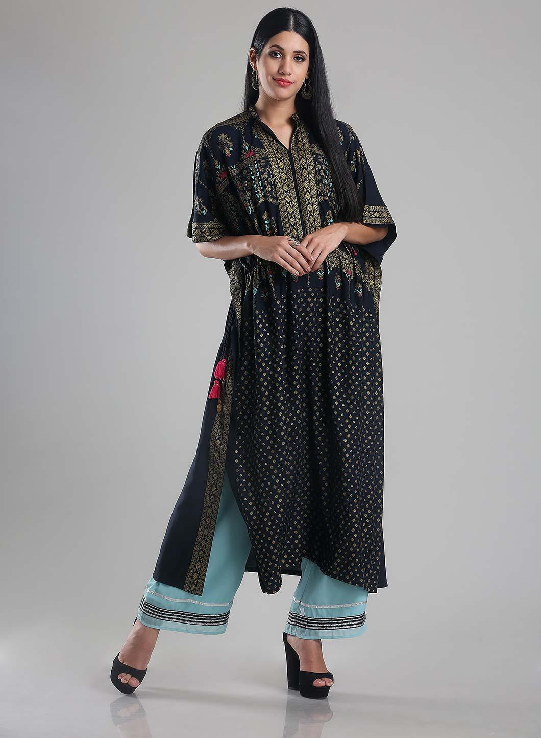 Navy Blue Printed Kaftan kurta - wforwoman