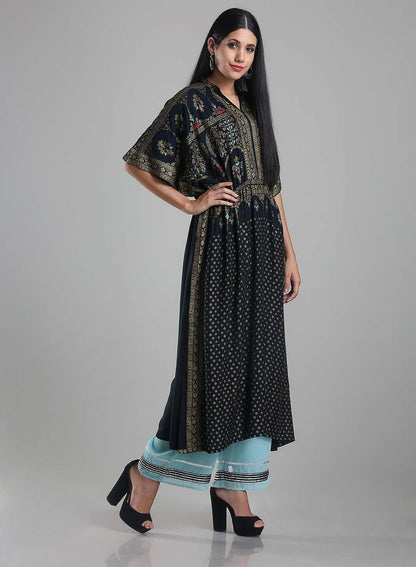 Navy Blue Printed Kaftan kurta - wforwoman