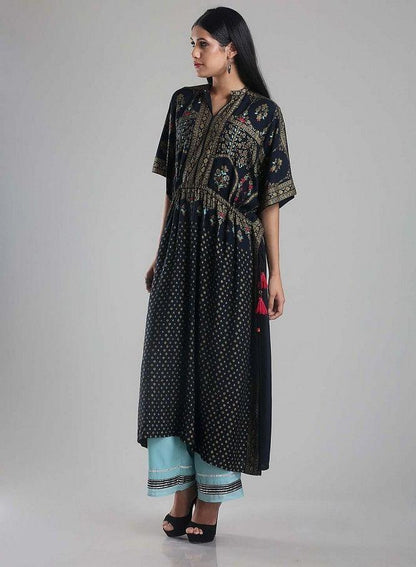 Navy Blue Printed Kaftan kurta - wforwoman